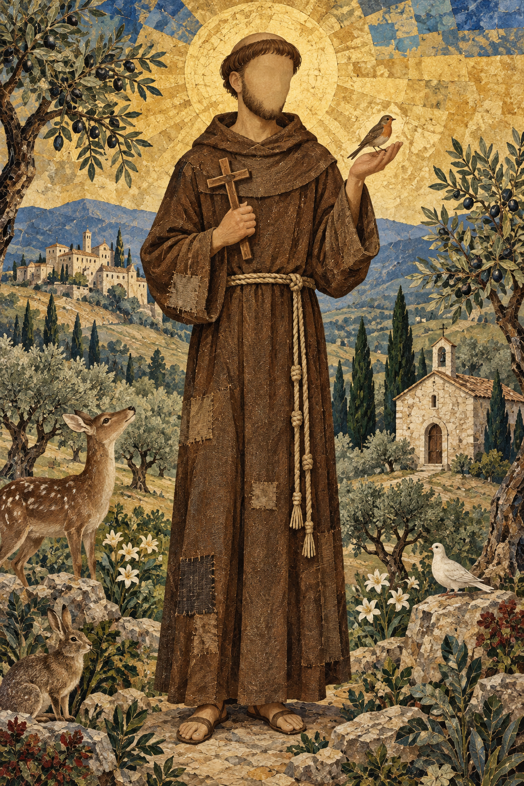 Faceless illustrated portrait of Saint Francis of Assisi in the Umbrian landscape, surrounded by birds and animals